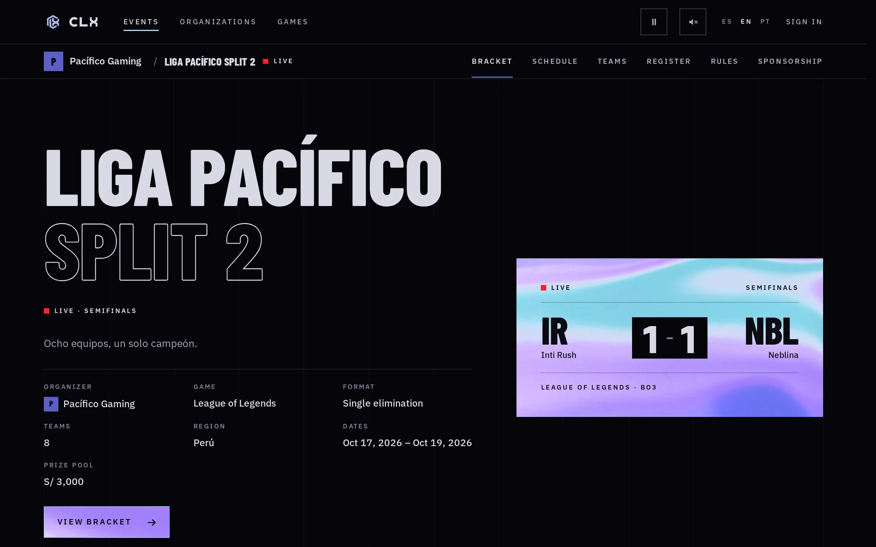 The header of a CLX test event, Liga Pacífico Split 2, with the live semifinal scoreboard at 1 to 1.