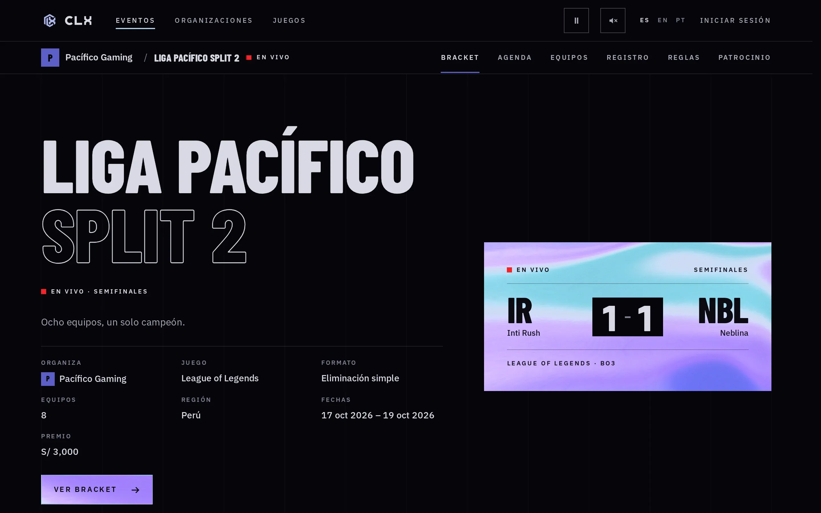 Encabezado de un evento de prueba en CLX, Liga Pacífico Split 2, con el marcador en vivo de la semifinal, 1 a 1.