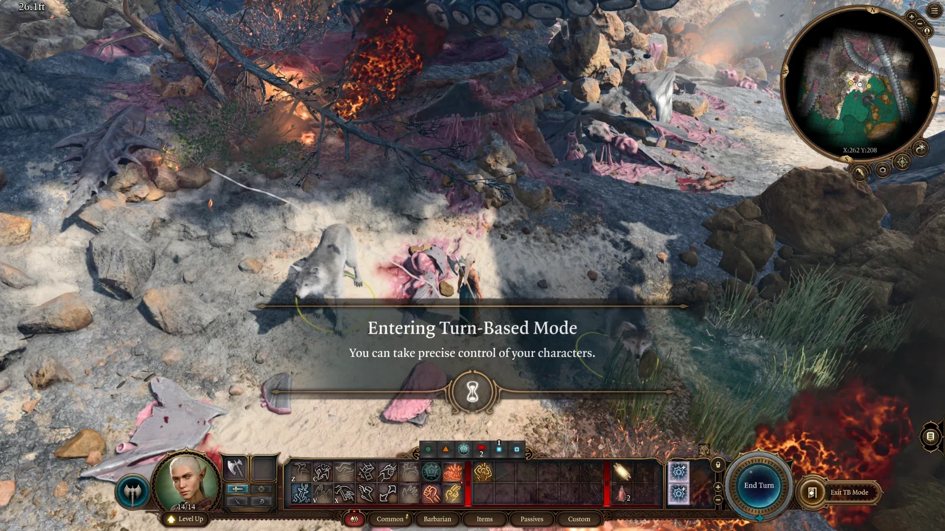 Baldur’s Gate 3 entrando en modo por turnos: el personaje de prueba junto a dos lobos que creó el escenario.