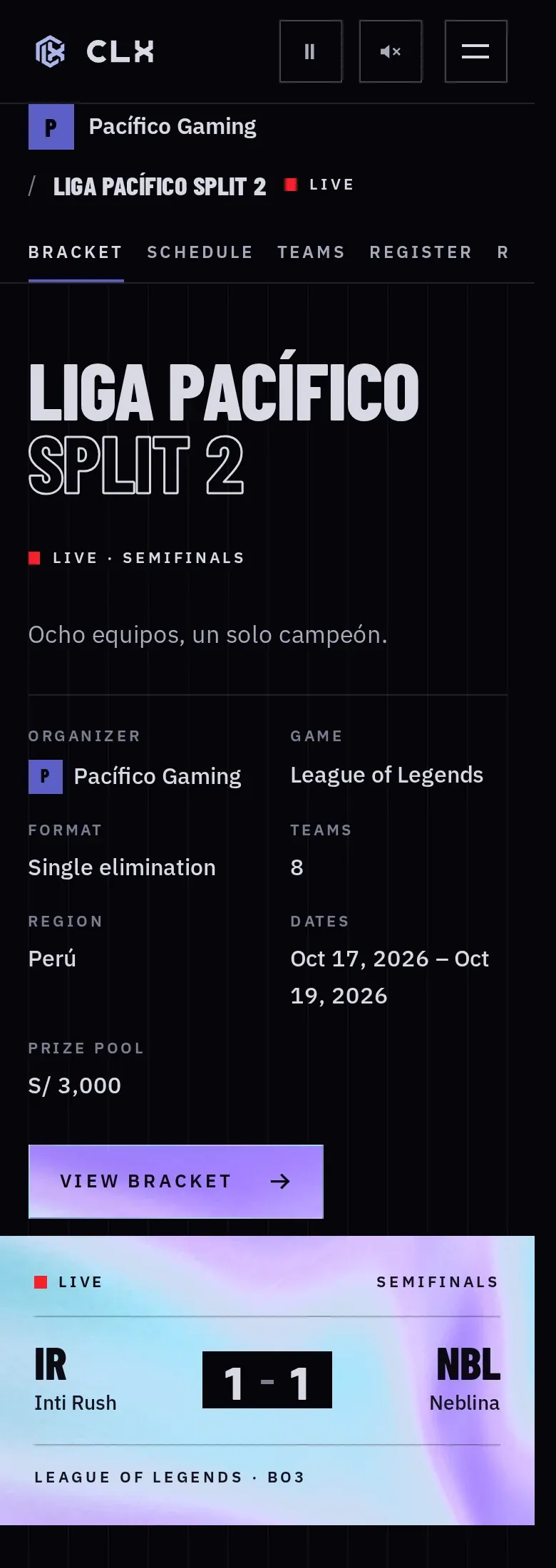 The same event page on a 390 px wide phone, with the live scoreboard below the event details.