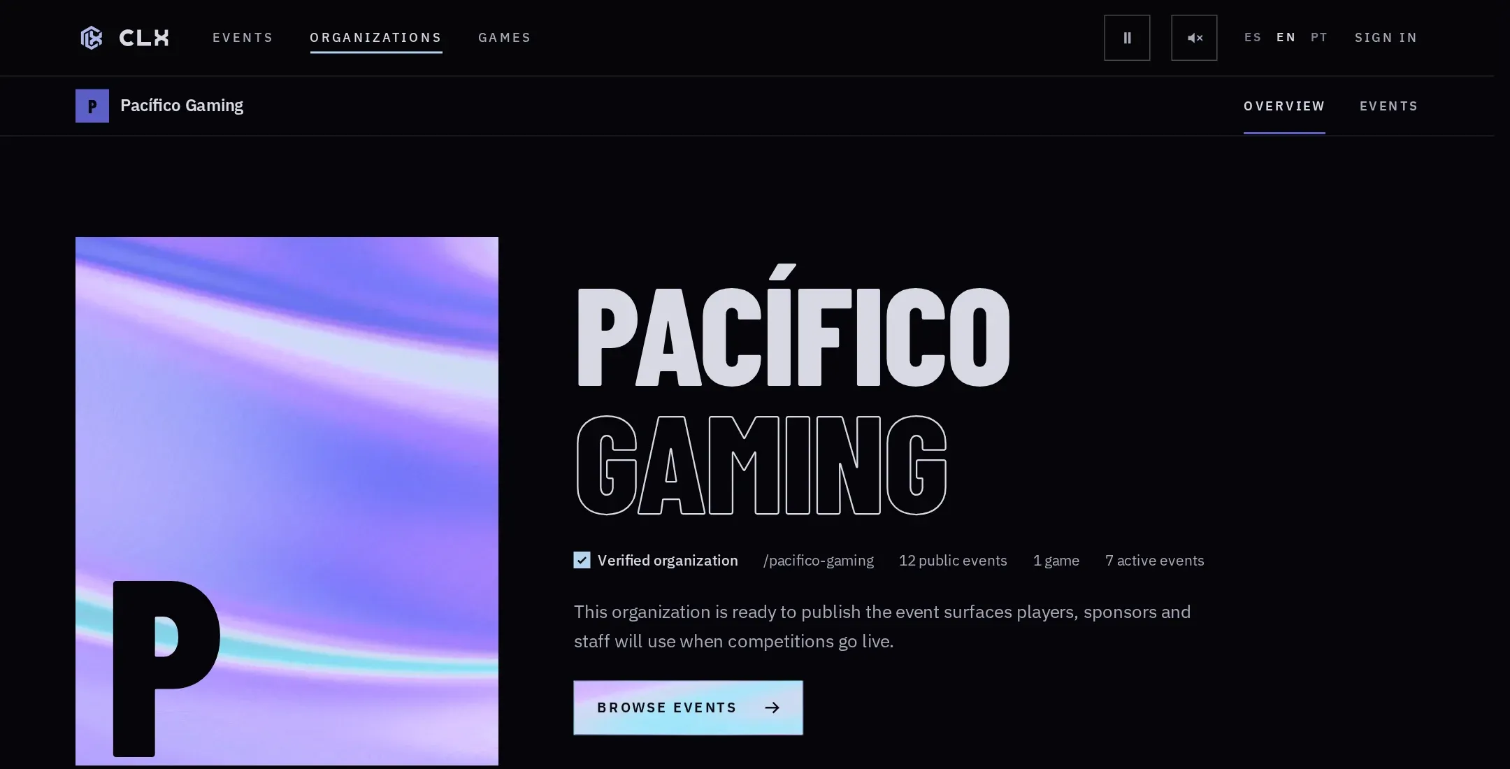 The public page of Pacífico Gaming, a verified test organization, with its public events.